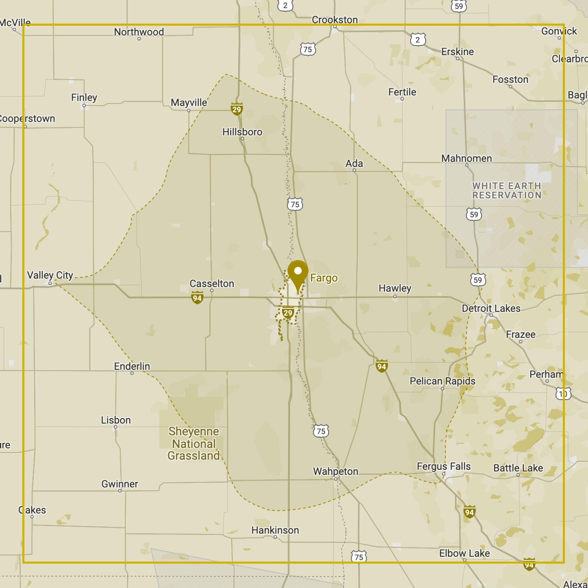 Map showing cities covered within 60-mile radius of Fargo-Moorhead